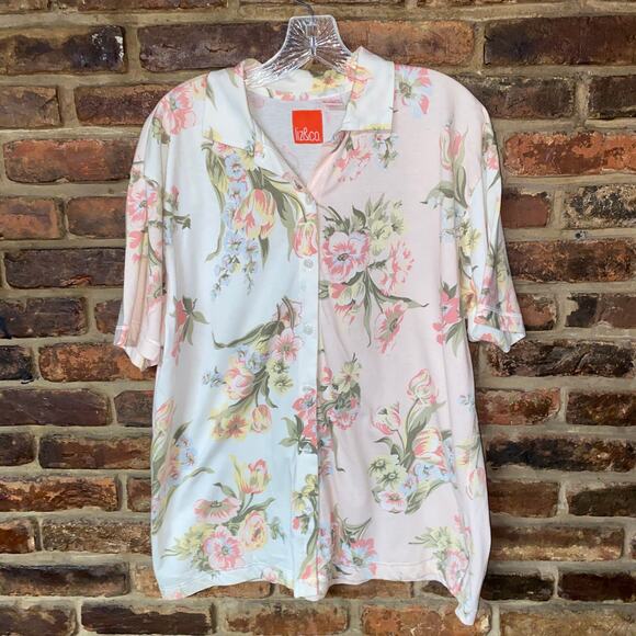 Liz & Co Pink White Floral Color Block Short Sleeve Button Down Top Size Large - Picture 1 of 5